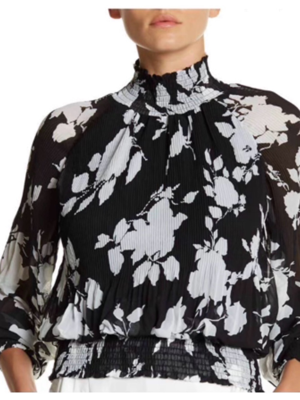 Gracia Black & White Floral Mock-Neck Blouse